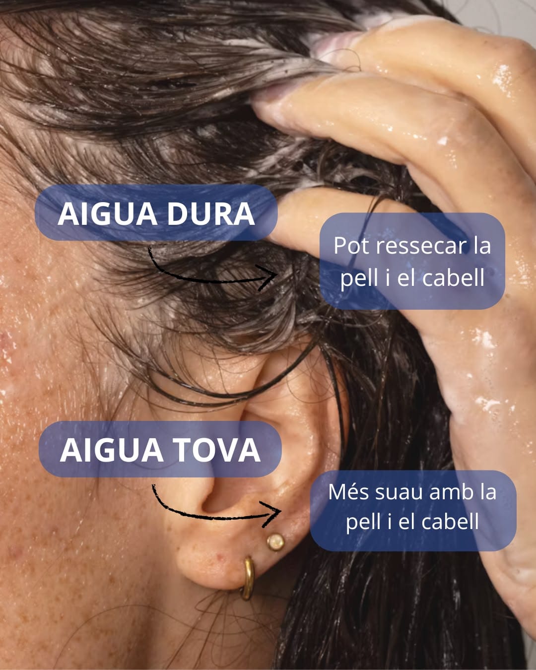 L'aigua dura pot ressecar la pell i el cabell, l'aigua tova és més suau