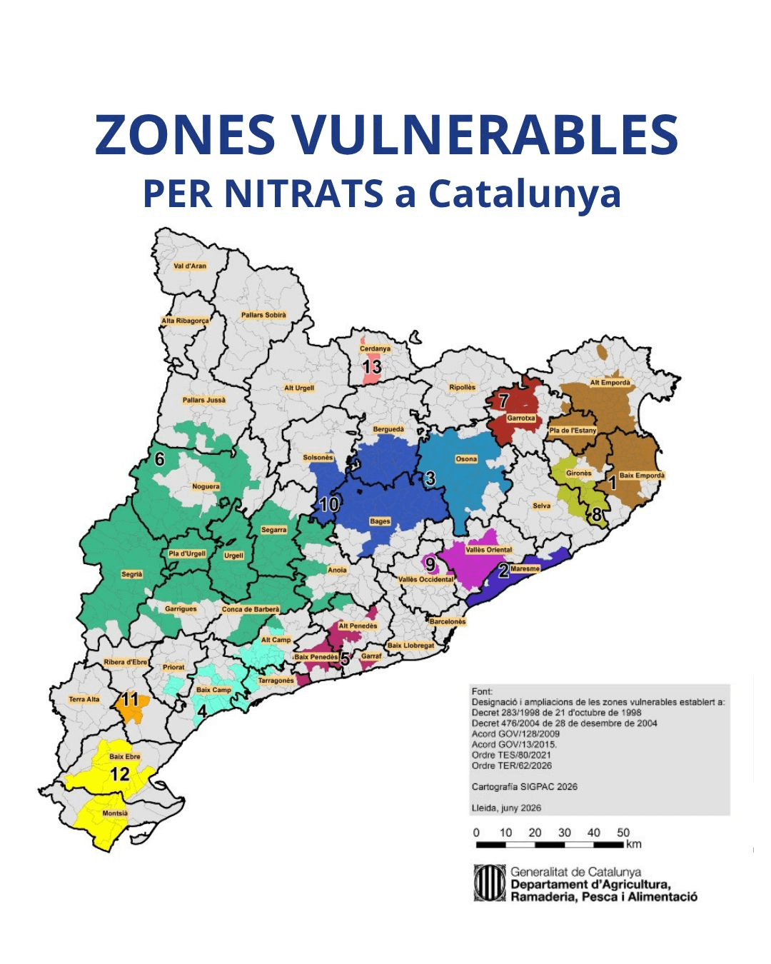 Zones vulnerables per nitrats a Catalunya Mapa de les zones vulnerables per nitrats a Catalunya, Generalitat de Catalunya
